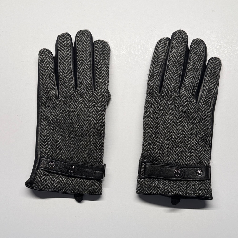 Reiss Leather and Wool-Blend Herringbone Gloves in Black and Grey